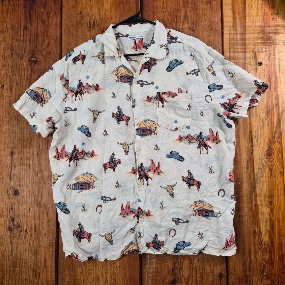 Sonoma Goods For Life Mens XL Western Desert Print Linen Cotton Shirt Cream